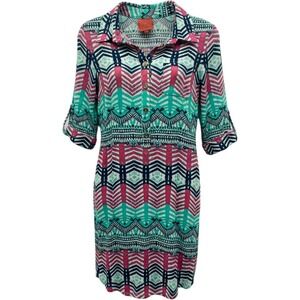Tracy Negoshian Shift Dress Womens XS Pink Teal Geometric Chevron 3/4 Sleeve